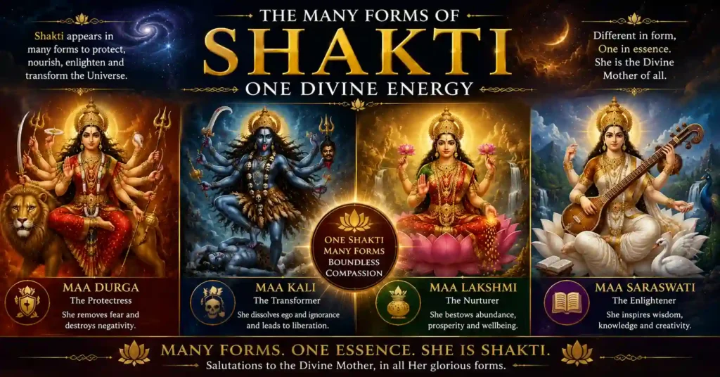 The many forms of Shakti in Sanatan Dharma including Maa Durga, Maa Kali, Maa Lakshmi, and Maa Saraswati