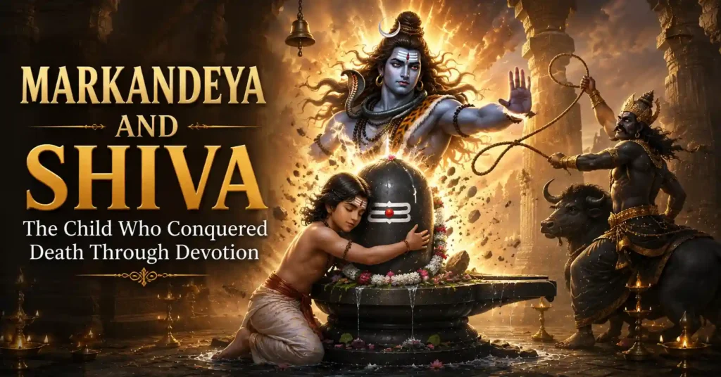 Markandeya and Shiva Story illustration of Lord Shiva protecting devotee Markandeya from Yama near the Shiva Lingam