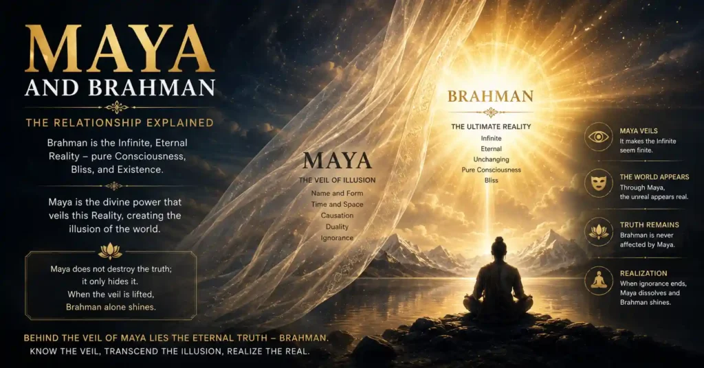 Divine light hidden behind a translucent veil symbolizing the relationship between Maya and Brahman