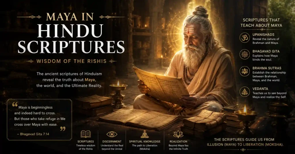 Ancient rishi studying sacred texts representing Maya in the Upanishads, Vedanta, and Hindu scriptures