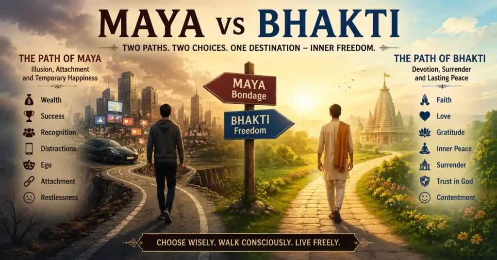 Maya vs Bhakti showing the path of worldly attachment and the path of devotion in Sanatan Dharma