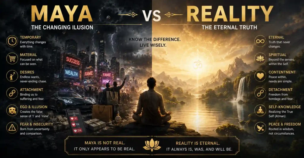 Split scene comparing the changing material world with eternal divine reality in Hindu philosophy
