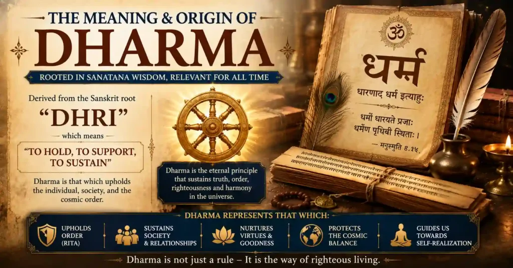 Meaning and Sanskrit origin of Dharma as the principle that upholds life and order