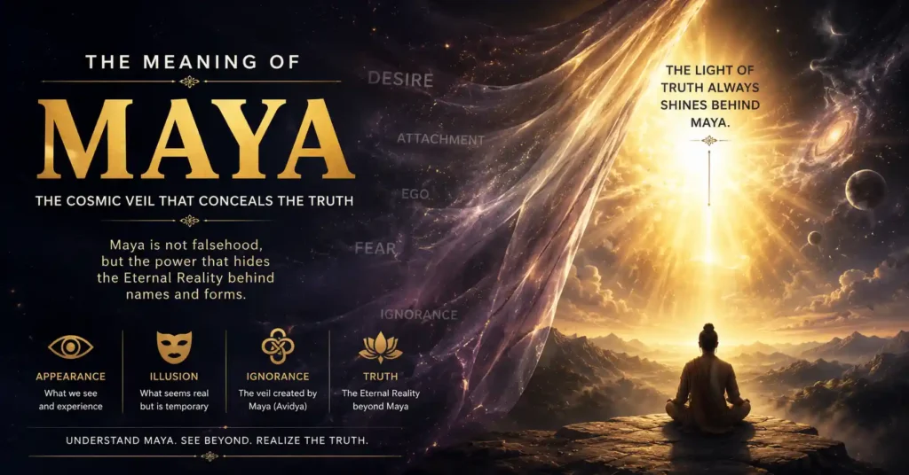 Cosmic veil covering divine light illustrating the meaning of Maya as the power that conceals ultimate truth