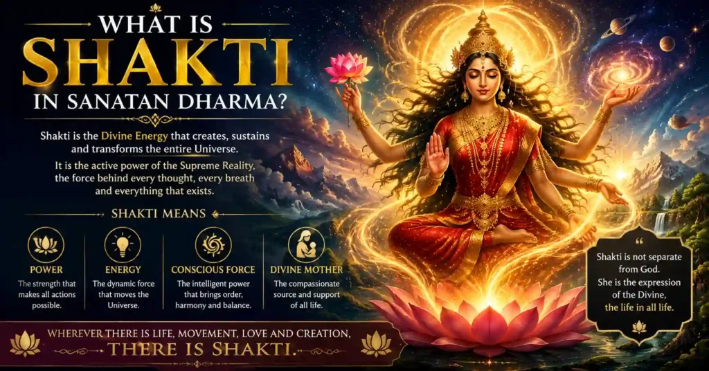 Meaning of Shakti in Sanatan Dharma illustrated as the Divine energy that creates, sustains, and transforms the universe