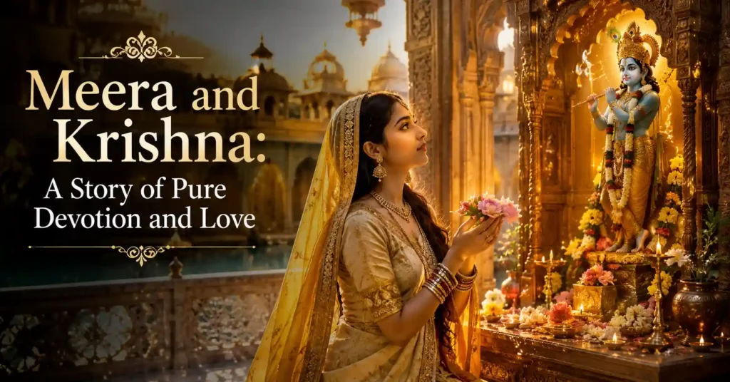Meera Bai standing before Bhagwan Krishna's idol in a royal palace, depicting the Meera and Krishna story of pure devotion and divine love