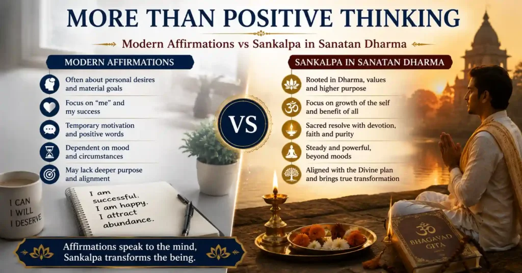 Comparison of modern affirmations and Sankalpa highlighting the deeper spiritual purpose of Sankalpa in Sanatan Dharma