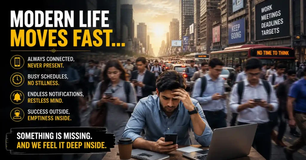 Challenges of modern life including stress, digital overload and lack of inner peace