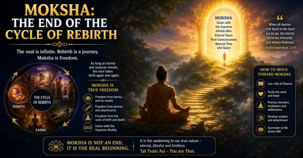 Illustration showing Moksha as the end of the cycle of rebirth and the soul's ultimate liberation in Sanatan Dharma.