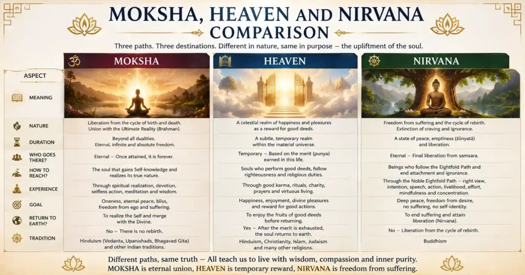 Comparison of Moksha, Heaven and Nirvana in Hindu and Buddhist traditions