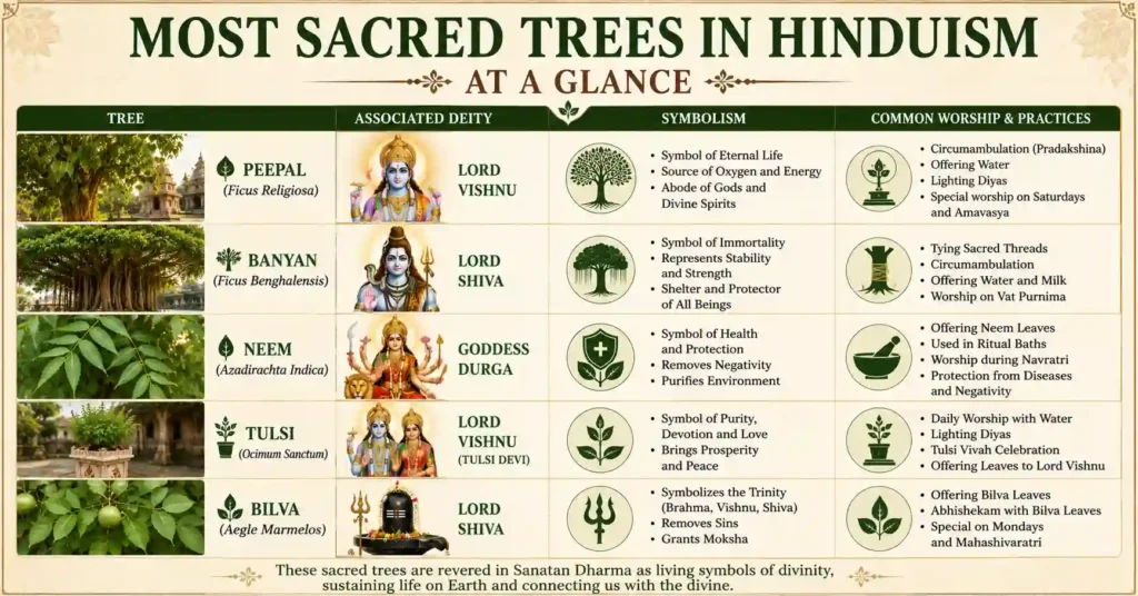 Infographic showing the most sacred trees in Hinduism, their associated deities, symbolism and common worship practices