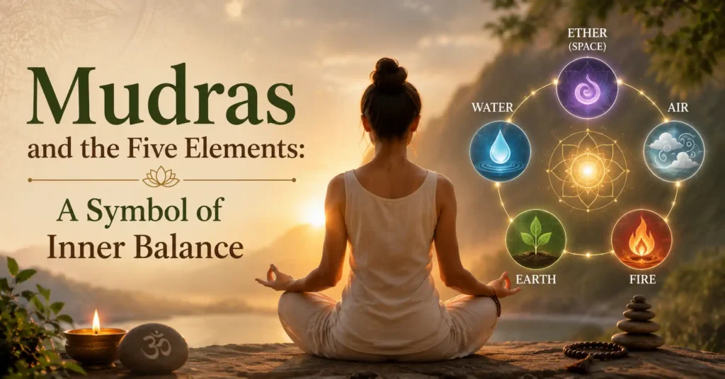 Meditating practitioner with symbolic representation of the five elements showing the traditional significance of mudras and inner balance.