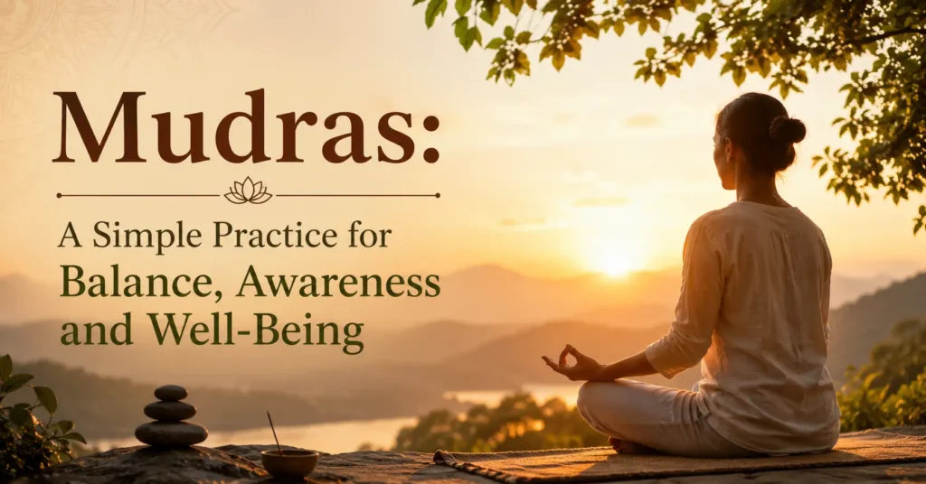 Person practicing a hand mudra during meditation at sunrise representing mudras for balance, awareness and well-being.