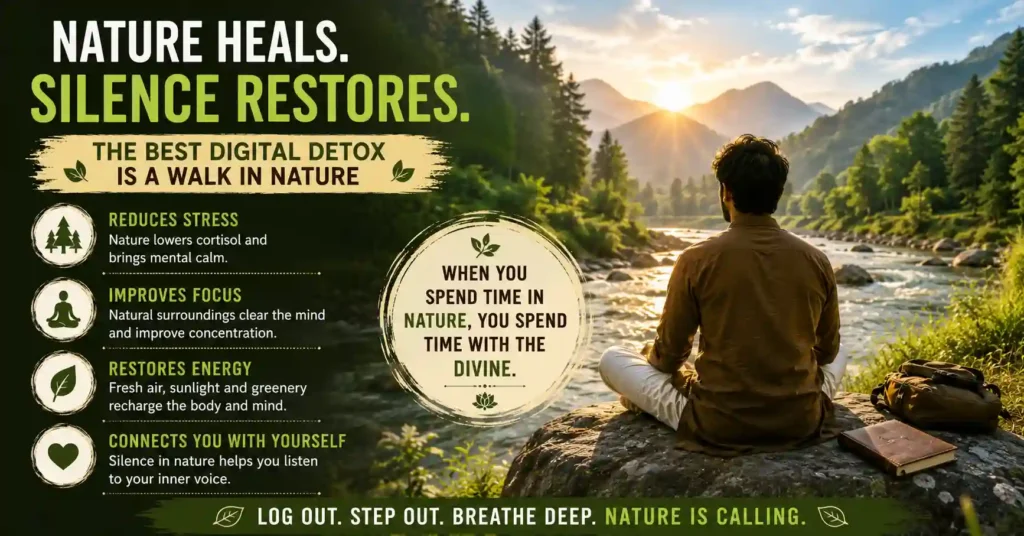Person meditating beside a river in nature as part of a digital detox journey