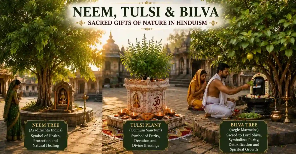 Neem tree, Tulsi plant in a Vrindavan stand and Bilva tree worshipped in Hindu traditions