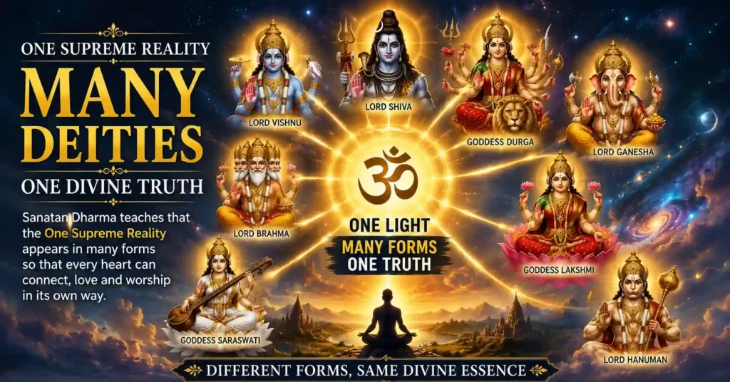 One Supreme Reality represented through many Hindu deities, explaining the unity behind different divine forms in Sanatan Dharma.