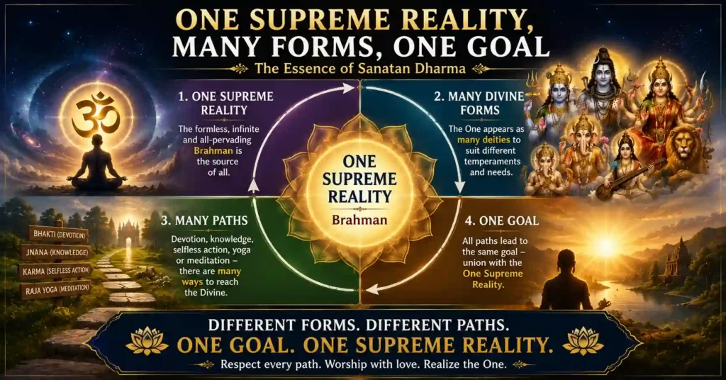Infographic showing one Supreme Reality, many divine forms, many spiritual paths and one ultimate goal in Sanatan Dharma.