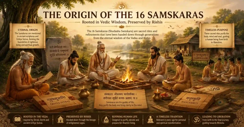 Vedic sages teaching scriptures near a yajna fire, representing the origin of the 16 Samskaras tradition in Sanatan Dharma