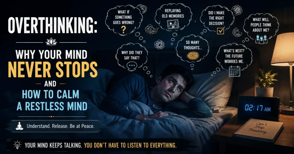 Person lying awake at night due to overthinking and a restless mind full of worries