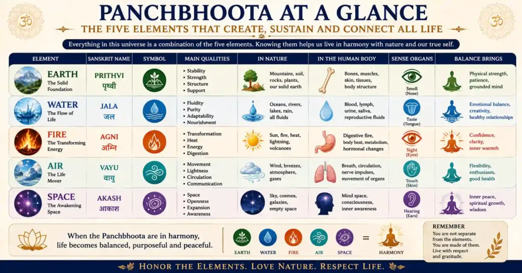 Infographic explaining Panchbhoota, the five elements of Sanatan Dharma, their qualities, body connections, sense organs, and spiritual significance