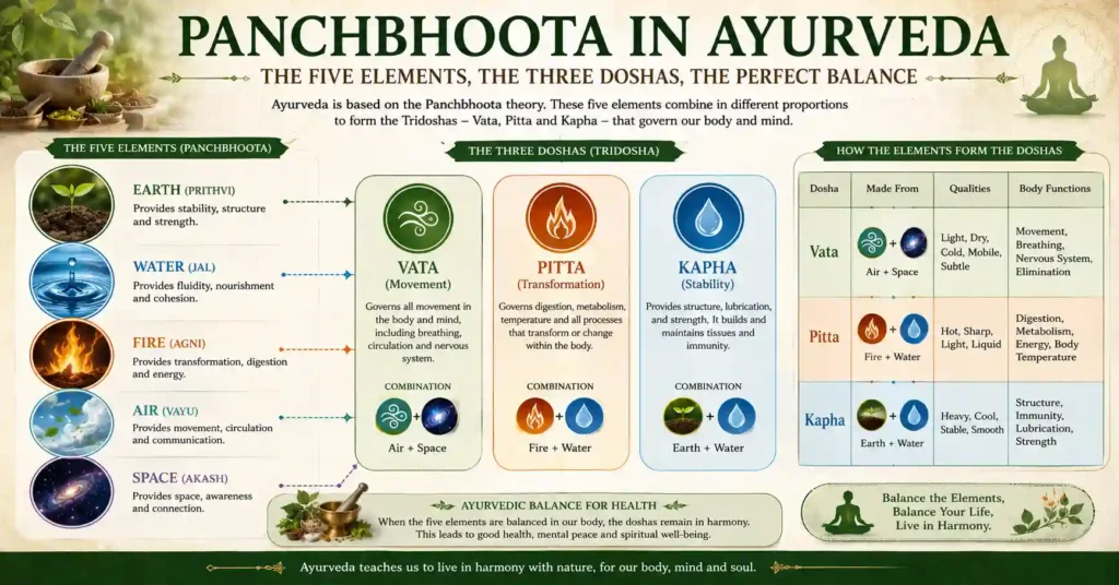 Infographic explaining how the five elements form the Ayurvedic doshas Vata, Pitta, and Kapha