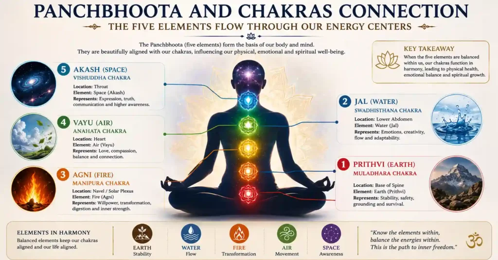 Illustration showing the relationship between Panchbhoota and the chakra system in yogic tradition
