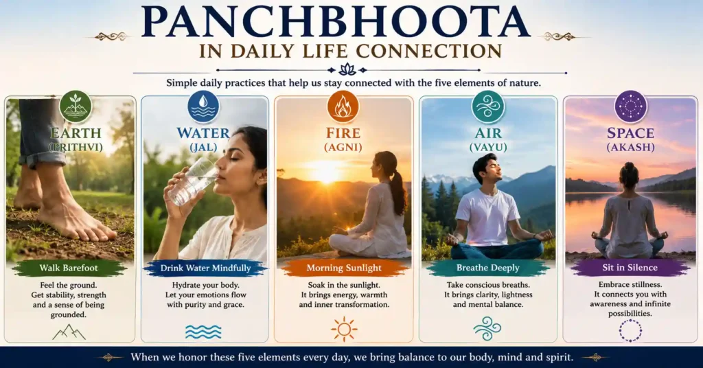 Everyday activities such as walking barefoot, drinking water, sunlight, breathing, and meditation connected to Panchbhoota