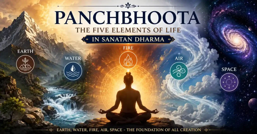 Panchbhoota illustration showing Earth, Water, Fire, Air, and Space surrounding a meditating figure in harmony with nature