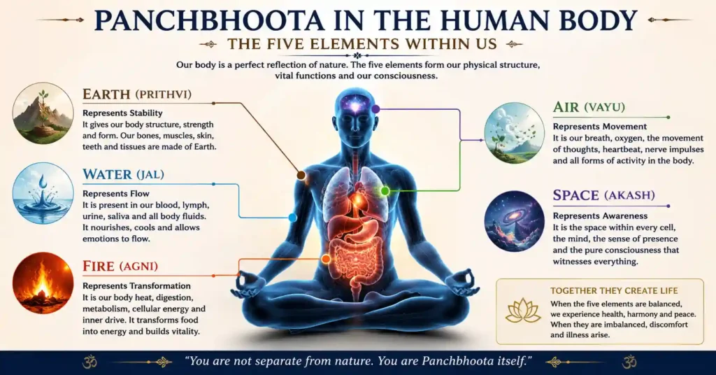 Diagram showing how Earth, Water, Fire, Air, and Space are represented within the human body