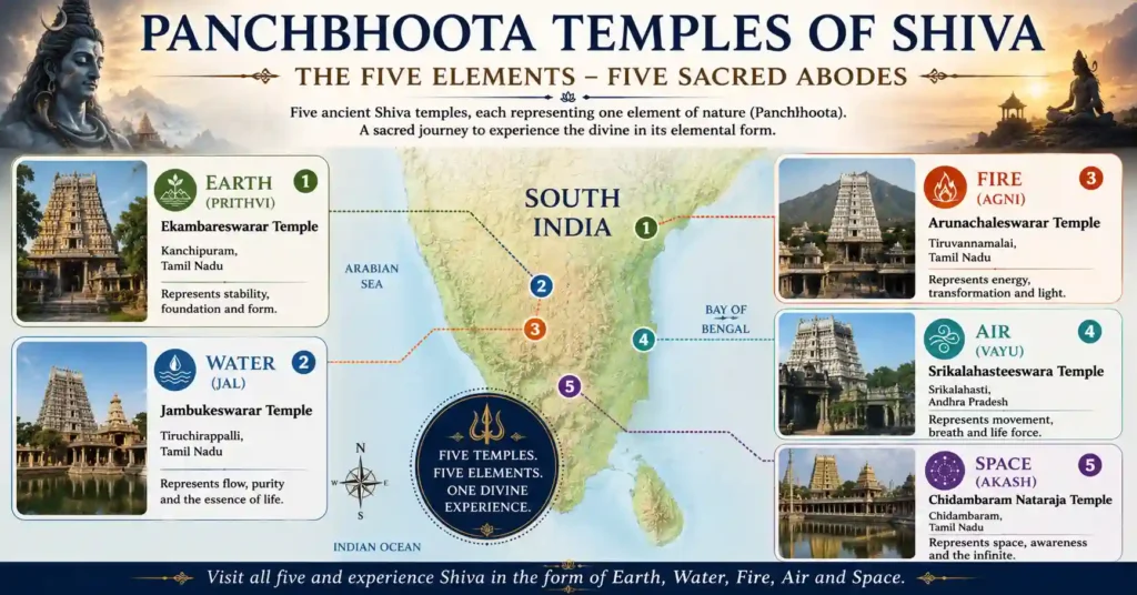 Map showing the locations of the five sacred Panchbhoota Shiva temples representing Earth, Water, Fire, Air, and Space