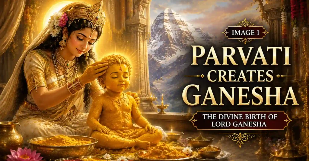 Goddess Parvati creating and blessing young Lord Ganesha with life in the Himalayas