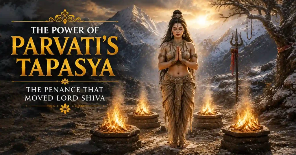 Goddess Parvati performing Panchagni Tapasya during her intense penance to attain Lord Shiva