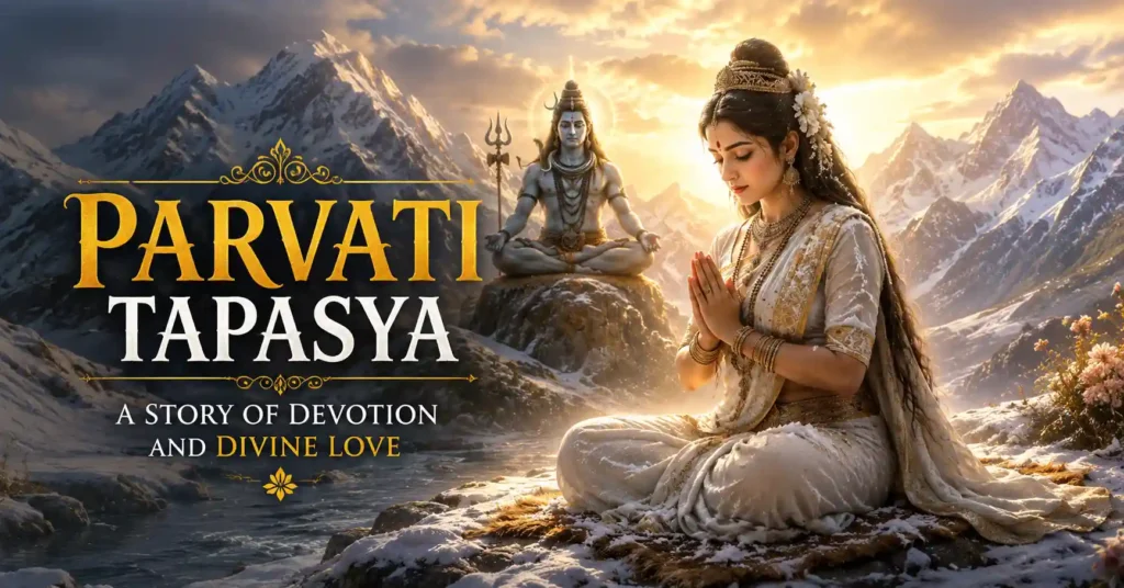 Goddess Parvati performing Parvati Tapasya in the Himalayas to attain Lord Shiva through devotion and penance