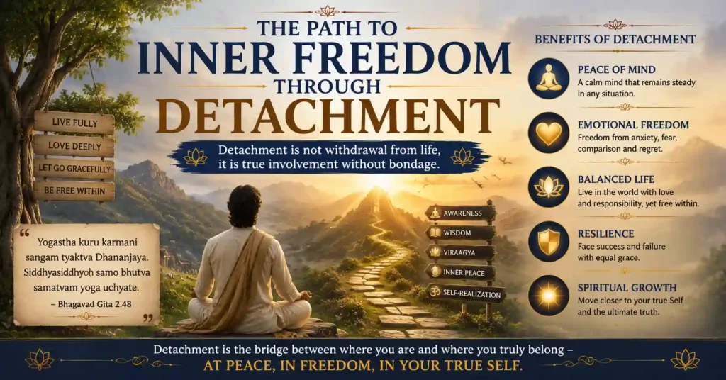 Spiritual illustration showing the path to inner freedom through detachment in Hindu philosophy, symbolizing peace, balance, and self-realization