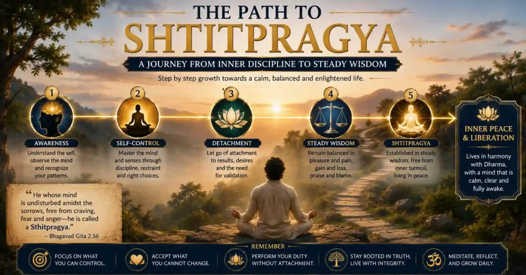 Illustration of the spiritual journey from self-awareness and detachment to Sthitpragya and inner peace.