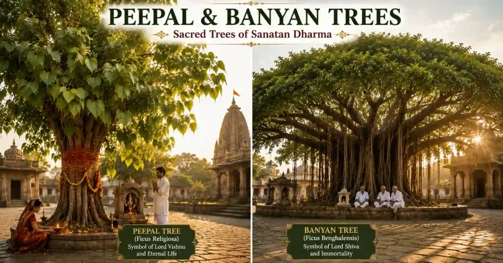 Sacred Peepal and ancient Banyan trees worshipped in a Hindu temple courtyard