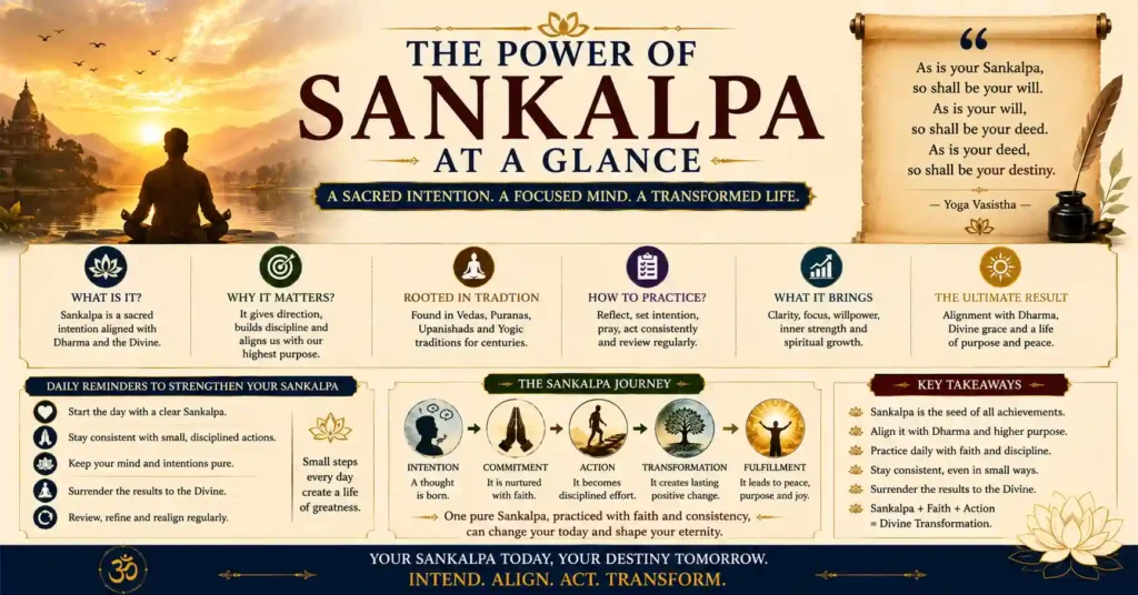 Summary infographic explaining the power of Sankalpa, its benefits, daily practice, and role in spiritual growth