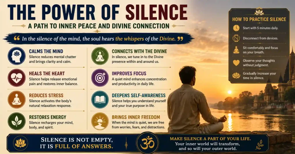 Infographic highlighting the power of silence for inner peace, focus, self-awareness, and spiritual connection