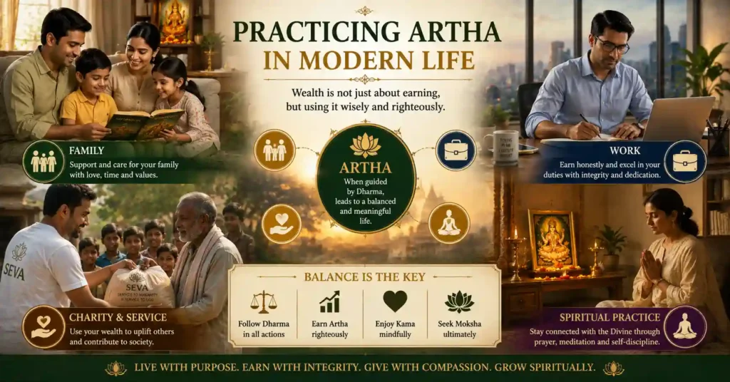 Family life, honest work, charity, and spiritual practice illustrating how Artha can be practiced in modern life