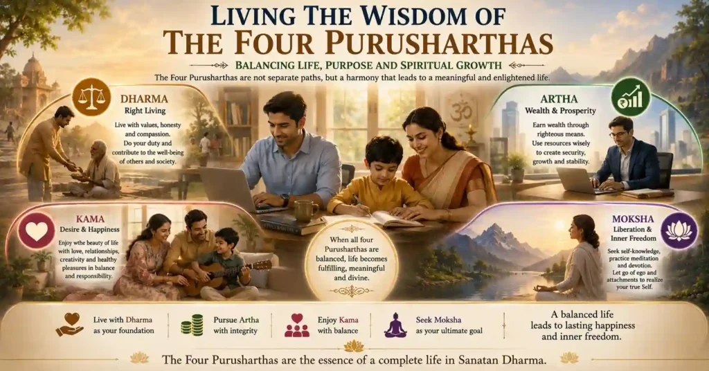 Illustration showing how the Purusharthas can be practiced in daily life through Dharma, Artha, Kama, and Moksha
