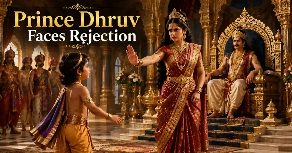 Prince Dhruv being stopped by Queen Suruchi before sitting on King Uttanapada's lap in the Story of Dhruv
