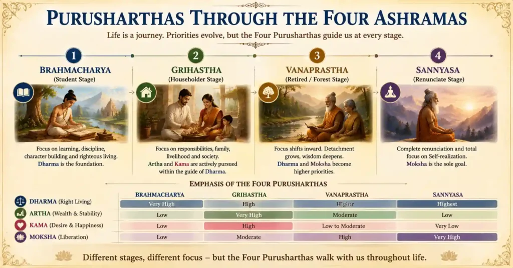 Illustration showing the relationship between the Purusharthas and the Ashrama System