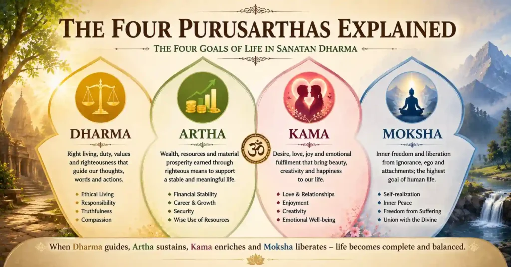 Infographic explaining the Purusharthas: Dharma, Artha, Kama, and Moksha