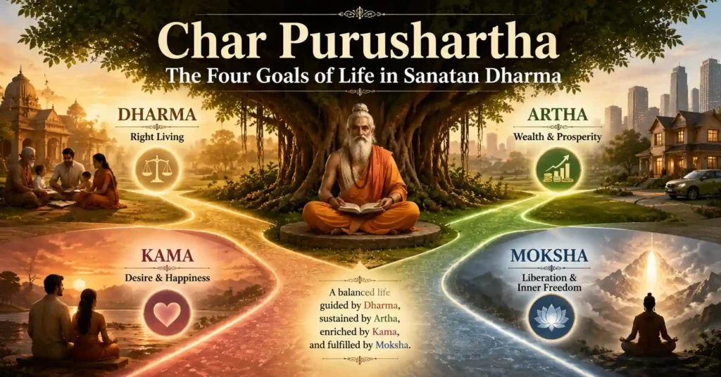 Illustration of Purusharthas, the Four Goals of Life in Sanatan Dharma