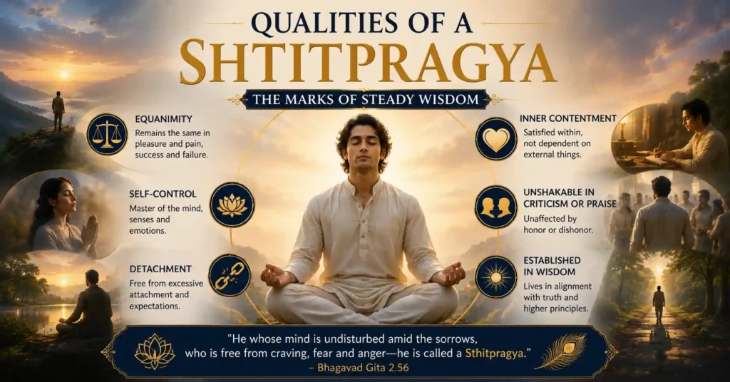 Illustration showing the qualities of Sthitpragya including inner balance, self-control, detachment, and steady wisdom.
