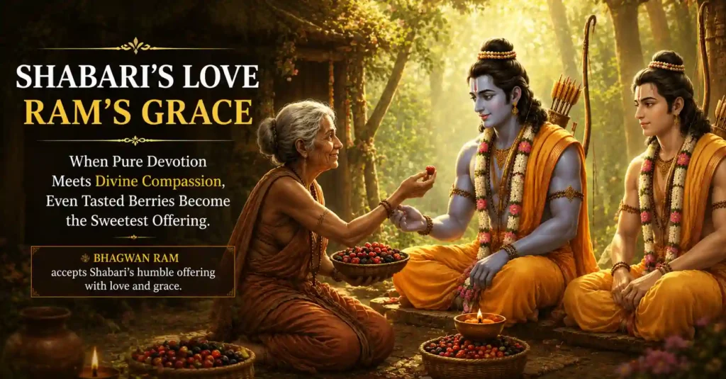 Bhagwan Ram accepting Shabari's tasted berries with compassion as Lakshman watches respectfully in the forest
