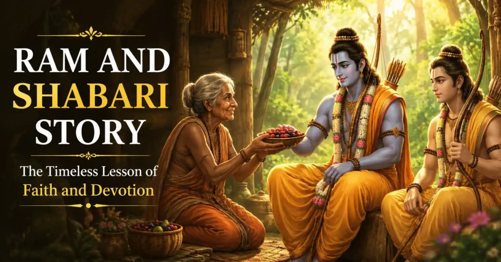 Ram and Shabari story showing Shabari offering berries to Bhagwan Ram and Lakshman in her forest hermitage