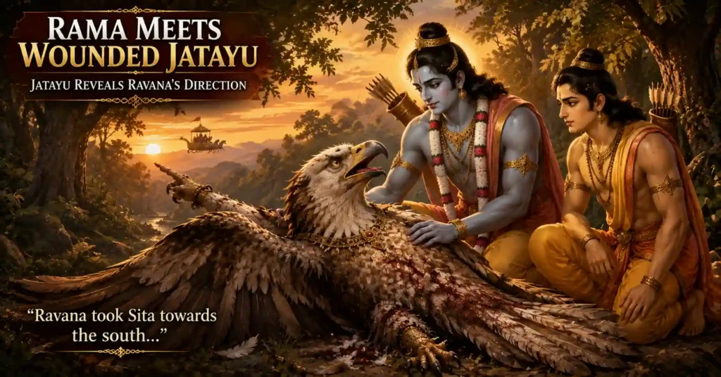 Shri Ram and Lakshmana meeting the wounded Jatayu in the forest after his battle with Ravana