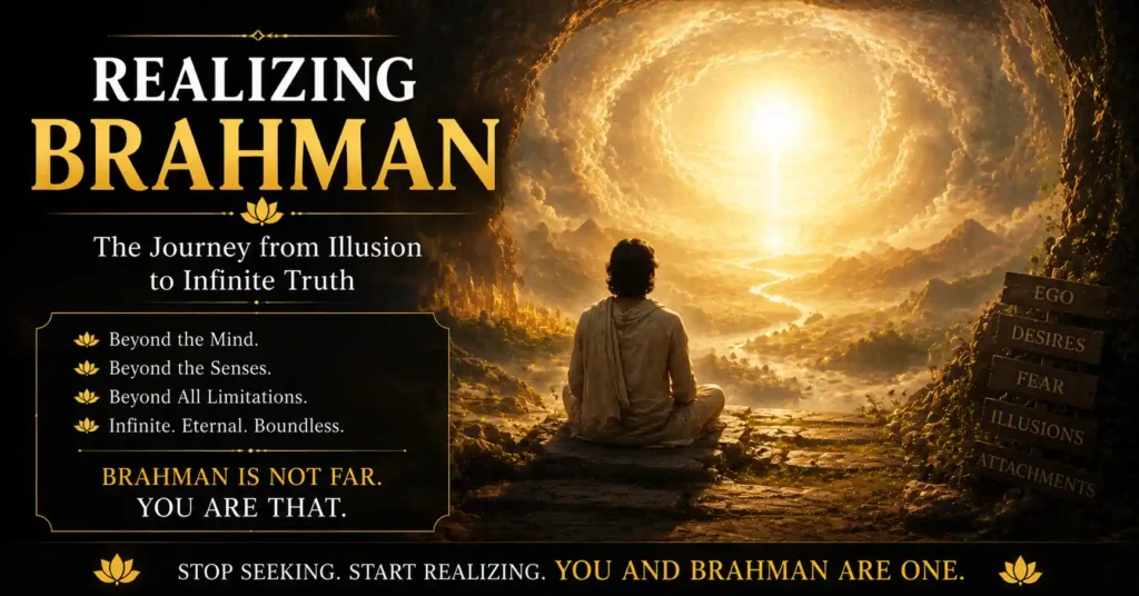 Spiritual seeker looking toward infinite light beyond worldly illusions