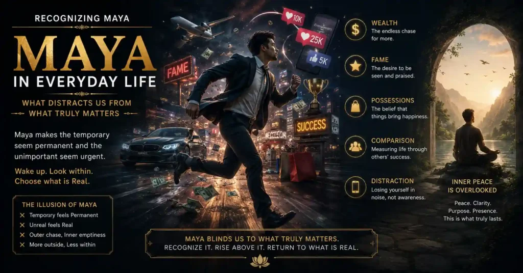 Modern individual chasing money, fame, and possessions while overlooking inner peace as an example of Maya